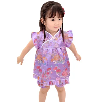 2019 Детские летние комплекты с цветочным рисунком Qipao, одежда для маленьких девочек, костюмы, новогодние китайские платья, короткие штаны, чонсам