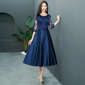2019 новое банкетное платье средней длины, тонкое кружевное платье с коротким рукавом, темно-синее вечернее платье, улучшенный размер qipao S-3XL