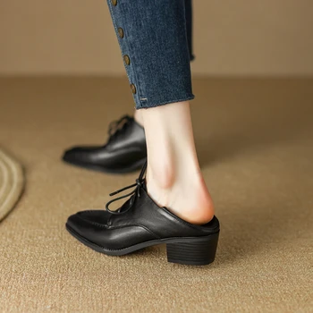 2023 г. Весенне-осенняя женская обувь из натуральной кожи для женщин, женские туфли-лодочки с острым носком на массивном каблуке, Пикантная женская обувь Черного цвета