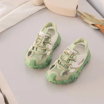 2023 Детские спортивные сандалии, Сетчатые дышащие сандалии для мальчиков, Открытая Зеленая обувь на плоской подошве для девочек, нескользящие Модные тапочки для ребенка
