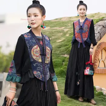 2023 женские винтажные топы hanfu, китайский традиционный жилет с цветочной вышивкой, восточный жилет hanfu, восточный костюм эпохи тан, китайская блузка
