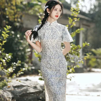 2023 Летнее Женское кружевное платье-Чонсам средней длины с подкладкой в китайском стиле, улучшенное Ципао, Винтажные платья для стройных девушек, Сине-зеленые