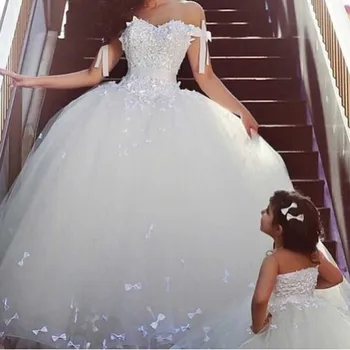 2105 Арабский Дизайн, милая, с открытыми плечами, Пышные свадебные платья принцессы с бантом, Тюлевые аппликации, свадебные платья, бальное платье