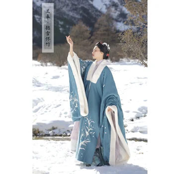 3 Цвета Женский бархатный халат HanFu В традиционном китайском стиле Белый Голубой Серый Элегантный Плащ Пальто Зимнее теплое платье с вышивкой