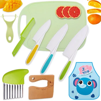 9 шт. Набор деревянных детских кухонных ножей Включает в себя 4 безопасные для малышей фрезы 1 Деревянный нож для нарезки картофеля, Овощечистку, разделочную доску