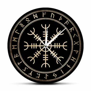 Aegishjalmr Шлем Викинга для защиты от страха и ужаса, Бесшумные настенные часы с норвежской руной, Домашний декор Викингов, Исландские волшебные часы с посохами
