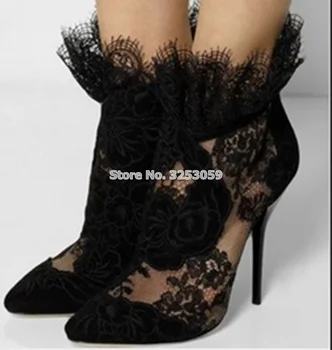 ALMUDENA/ Черные Женские Пинетки с вышивкой, Кружевные Цветы, Супертонкая Обувь на высоком Каблуке, Женские Короткие ботинки на молнии с вырезами