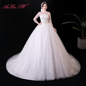 AnXin SH, блестящее белое кружевное вечернее платье принцессы, винтажное, с серебристыми звездочками и пайетками, с круглым вырезом и длинным рукавом, иллюзионное белое вечернее платье
