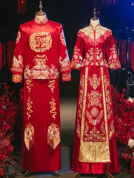 Chinese Traditional Red Wedding Dress Embroidery Beading Banquet High-Quaity Classic Cheongsam China Qipao костюм для восточных