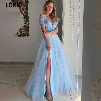 LORIE Сексуальное платье для выпускного вечера с открытыми плечами, Длинная тюлевая кружевная аппликация, светло-небесно-голубые платья для выпускного вечера с разрезом сбоку, Элегантное праздничное платье