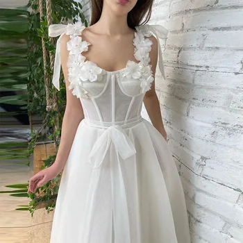 Sevintage 2022 Белые Тюлевые Платья Миди Трапециевидной формы с аппликацией в виде 3D Цветов, Свадебное платье Чайной длины, Вечернее платье