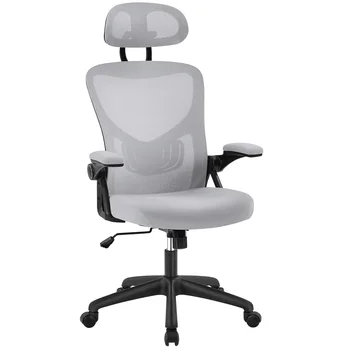 Smile Mart Эргономичный офисный стул из сетки с высокой спинкой и складными мягкими подлокотниками, светло-серая офисная мебель, письменный стул