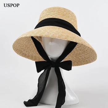 USPOP Новые женские соломенные шляпы От Солнца во французском стиле, Летние пляжные шляпы с широкими полями на шнуровке