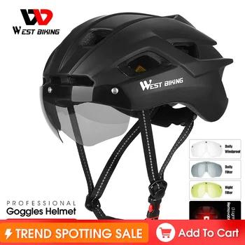 WEST BIKING Велосипедный шлем EPS Дышащий Велосипедный шлем Для мужчин И женщин, очки, линзы, Велосипедный шлем с задним фонарем, горный велосипедный шлем