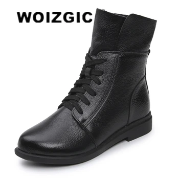 WOIZGIC/Женская обувь для мамы из натуральной кожи, Ботильоны на шнуровке, Осенние Теплые Zapatos Mujer, Размер 35-40, FXN-1526