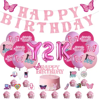 Y2K Украшения для Вечеринки в честь Дня рождения Девочек-подростков, розовый и фиолетовый воздушный шар с Бабочкой, Баннер с Днем Рождения, Y2k Воздушный шар из фольги для 00 лет