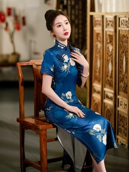 Yourqipao Летнее Длинное Тонкое Шелковое Синее Платье Ципао для Подиума и Банкета, Элегантное Вечернее Платье Ципао в Традиционном Китайском стиле для Женщин
