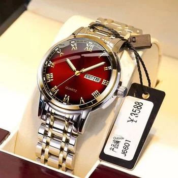 Аутентичные красные мужские наручные часы, супер модные часы из нержавеющей стали, Деловые мужские водонепроницаемые часы с календарем, A3487