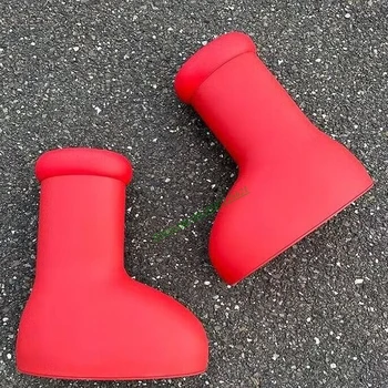 Большие Красные Непромокаемые ботинки, ботинки без шнуровки с круглым носком на толстой подошве, резиновые однотонные милые Полусапожки