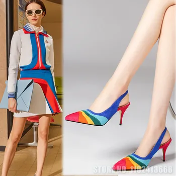 Босоножки на высоком каблуке с острым носком, радужного цвета, Босоножки на шпильке, разноцветные сандалии на шпильке, детская замшевая модная повседневная обувь для вечеринок