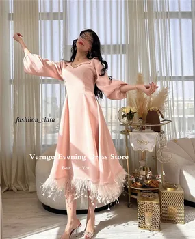 Вечерние платья Трапециевидной формы Verngo Розового Цвета с V-образным вырезом и длинными рукавами, Перья, Арабское Женское вечернее платье Длиной до колен, платье для выпускного вечера