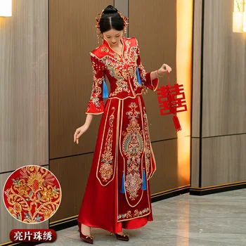 Вышивка Дракона Феникса Китайский традиционный свадебный костюм для пары Чонсам Элегантное винтажное платье Ципао Для Невесты