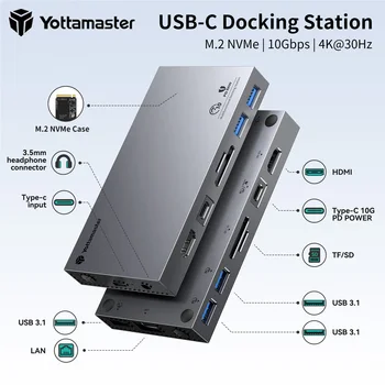 Док-станция Yottamaster 10-В-1 USB C, концентратор 10 Гбит/с с корпусом M.2 NVMe SSD PD100W HDMI SD /TF для ноутбуков MacBook и USB C