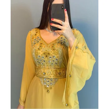 Желтая Африканская одежда, Марокко, Вечернее платье Фараса, расшитое бисером, Абайя, Женская длинная рубашка в Дубае, европейские и американские модные тенденции
