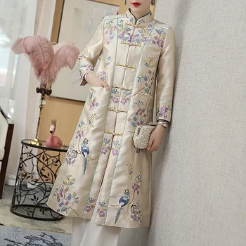 Женская ветровка средней длины в китайском стиле Ретро, этнический весенне-осенний костюм с вышивкой на пуговицах длиной выше колена