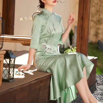 Женские платья русалки Ципао с вышивкой журавля в китайском стиле 2023 года.