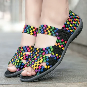 Женские сандалии ручной работы, Плетеная Женская обувь на плоской подошве, Летняя мода 2021 года, Дышащая Повседневная Разноцветная женская обувь без застежки, Лоферы