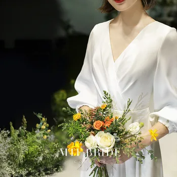 Женские свадебные платья с V-образным вырезом из французского атласа 2023, Свадебное платье с открытой спиной, Vestidos De Novia