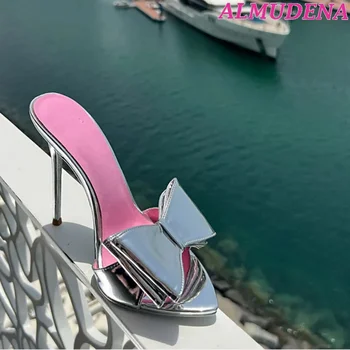Женские Шлепанцы на шпильке с металлическим бантом, розовая подошва, шлепанцы на высоком каблуке с острым носком, Большие Размеры 2023, Новая дизайнерская обувь для вечеринок