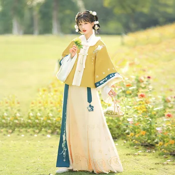 Женский китайский стиль династии Мин Ханфу, весна и осень, квадратный воротник, тонизирующий талию, полный комплект