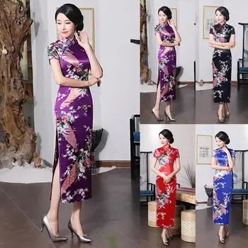 Женское китайское платье Миди с коротким рукавом и разрезом в виде Павлина Cheongsam Banquet