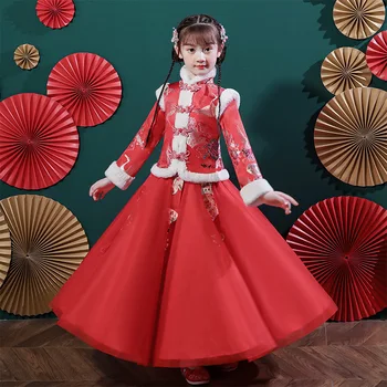 Зимнее новогоднее платье в стиле Ретро с цветочным принтом и бахромой в китайском стиле, Винтажное Представление Hanfu Qipao Princess Hanfu 