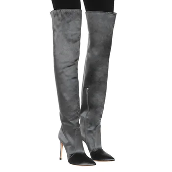 Зимние серые атласные сапоги до колена с боковой молнией на тонком высоком каблуке-шпильке, женские Длинные сапоги с острым носком