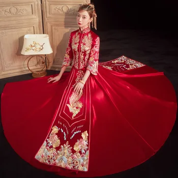 Китайская традиционная изысканная вышивка Цветок феникса Чонсам для пары, свадебный костюм, элегантное свадебное платье китайская одежда