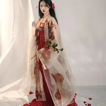 Китайское платье Hanfu, древнее женское платье с вышитым принтом Camellia palace, платье с большим рукавом, костюм Hanfu, полный комплект