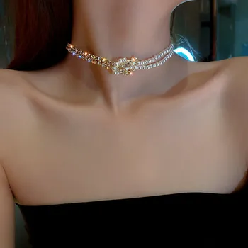 Колье с жемчугом и кристаллами в корейском стиле, ожерелья для женщин, Короткая цепочка, Ожерелья со стразами, Эффектные вечерние украшения, красивый подарок   