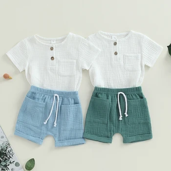 Комплекты летней одежды из 2 предметов для новорожденных мальчиков, Повседневные топы с короткими рукавами и карманами на пуговицах + Шорты, одежда для малышей