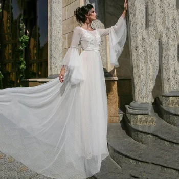 Корейское винтажное свадебное платье 2021 Robe de Mariage Трапециевидной формы с расклешенными рукавами В горошек, Тюлевые Кружевные цветы, Свадебные платья, Пояс с бусинами