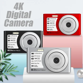 Мини-цифровая камера 48MP 4K 16-кратный Зум, Веб-камера с автоматической фокусировкой, 32 ГБ расширенной памяти, Защита от встряхивания, Встроенная Заполняющая подсветка, Камера начального уровня