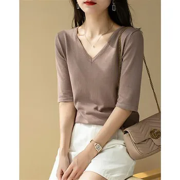 Модная однотонная универсальная футболка с V-образным вырезом, Женская одежда 2023, Весенние Новые Повседневные Пуловеры, Корейская футболка с коротким рукавом