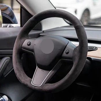 Нескользящая черная накладка на руль автомобиля из натуральной кожи, сшитая вручную для Tesla модель 3 2017-2021