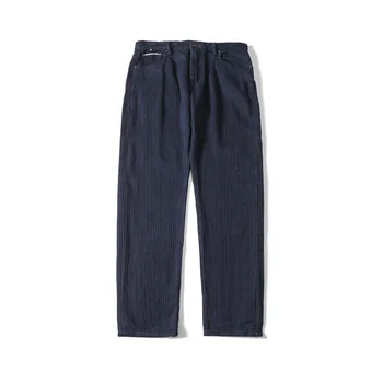 Новые мужские джинсы в полоску, Синие Джинсы с прямыми штанинами, Мужские нижние брюки из грубой джинсовой ткани EW8027
