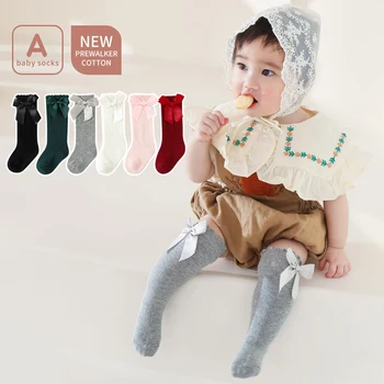 Носки Для малышей, Осень-зима, Длинные носки до колена для девочек, Хлопковые Носки в испанском стиле с большим бантом, Детские носки в пол, Детские носки
