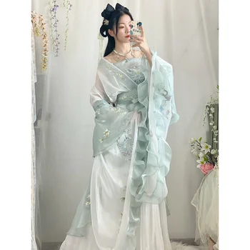 Оригинальное летнее китайское традиционное платье Hanfu светло-зеленого цвета с большими рукавами, улучшенное платье для косплея феи, женский праздничный костюм