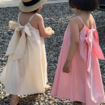 Платье Принцессы для маленьких девочек, модное хлопковое платье на бретельках с бантом, однотонная летняя одежда для малышей от 1 до 10 лет