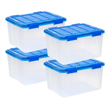 Прокладка WeatherPro ™ объемом 44 кварты, прозрачный пластиковый ящик для хранения с крышкой, синий, набор из 4